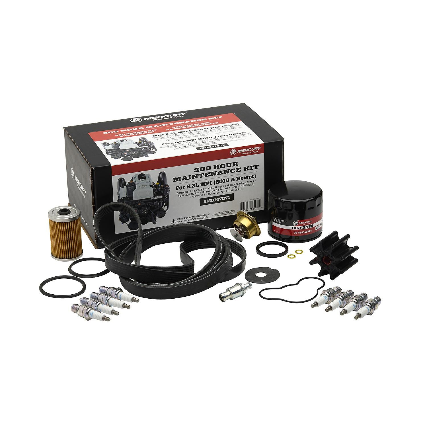 Mercury 8M0147071 MerCruiser 8.2L MPI Bravo 300 hour maintenance kit with filters spark plugs thermostat gasket serpentine belt PCV valve and seawater pump impeller kit