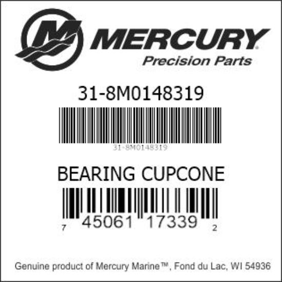 Mercury Precision Parts 31-8M0148319 bearing cup/cone identification label with part-number barcode and UPC