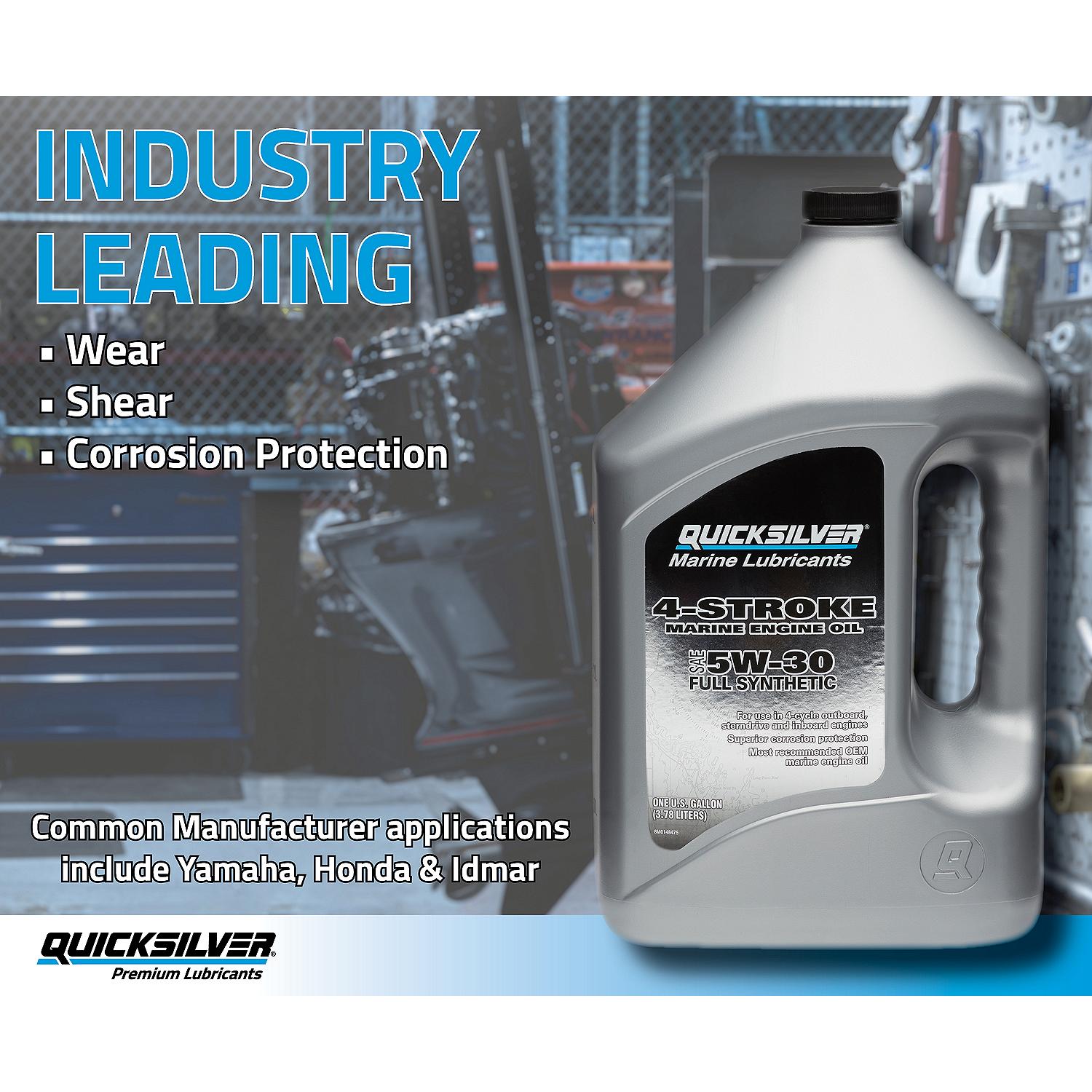 Quicksilver 5W-30 marine oil wear shear and corrosion protection graphic