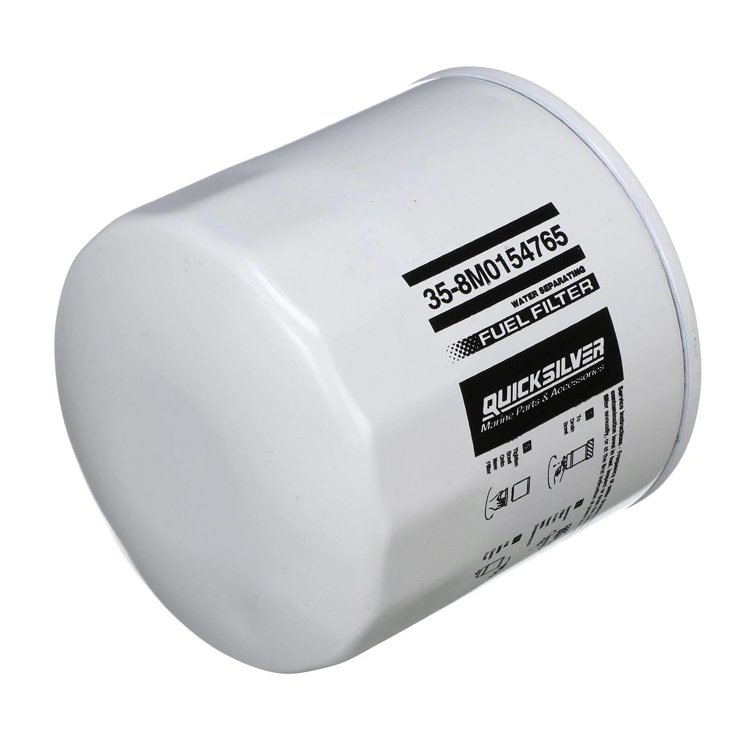 Quicksilver 8M0154765 20-micron water-separating fuel filter, short 93 mm canister, universal head fit for marine engines 115HP+ Top Angle