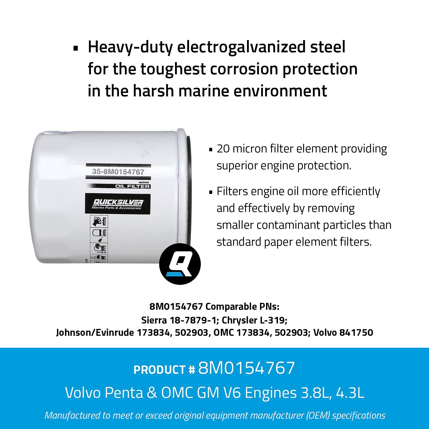 Quicksilver 8M0154767 20 micron oil filter for Volvo Penta and OMC GM V6 marine engines facts