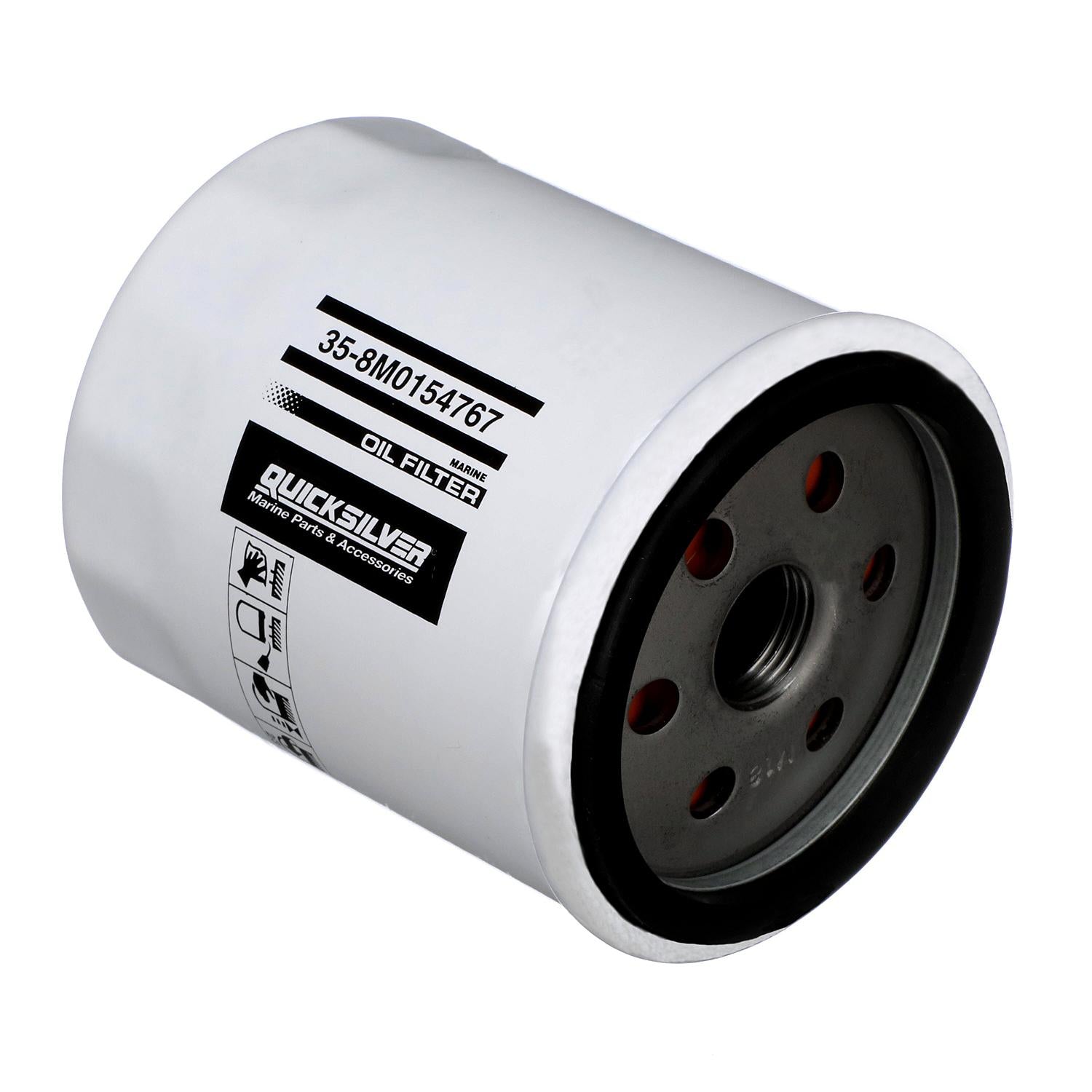 Quicksilver 8M0154767 20 micron oil filter for Volvo Penta and OMC GM V6 marine engines Left Angle