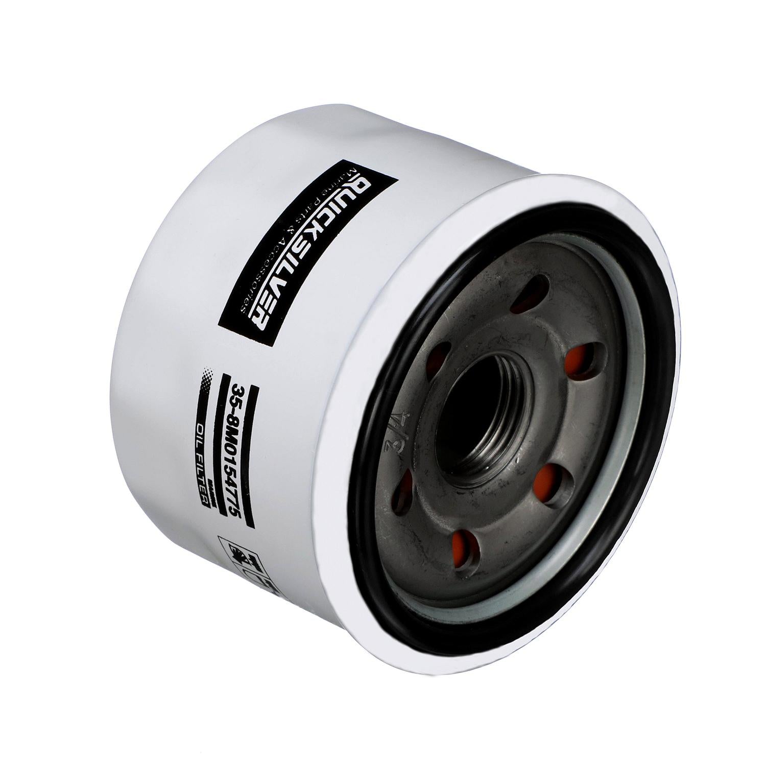 Quicksilver 8M0154775 20 micron oil filter for Johnson Evinrude and Suzuki outboards Left Angle