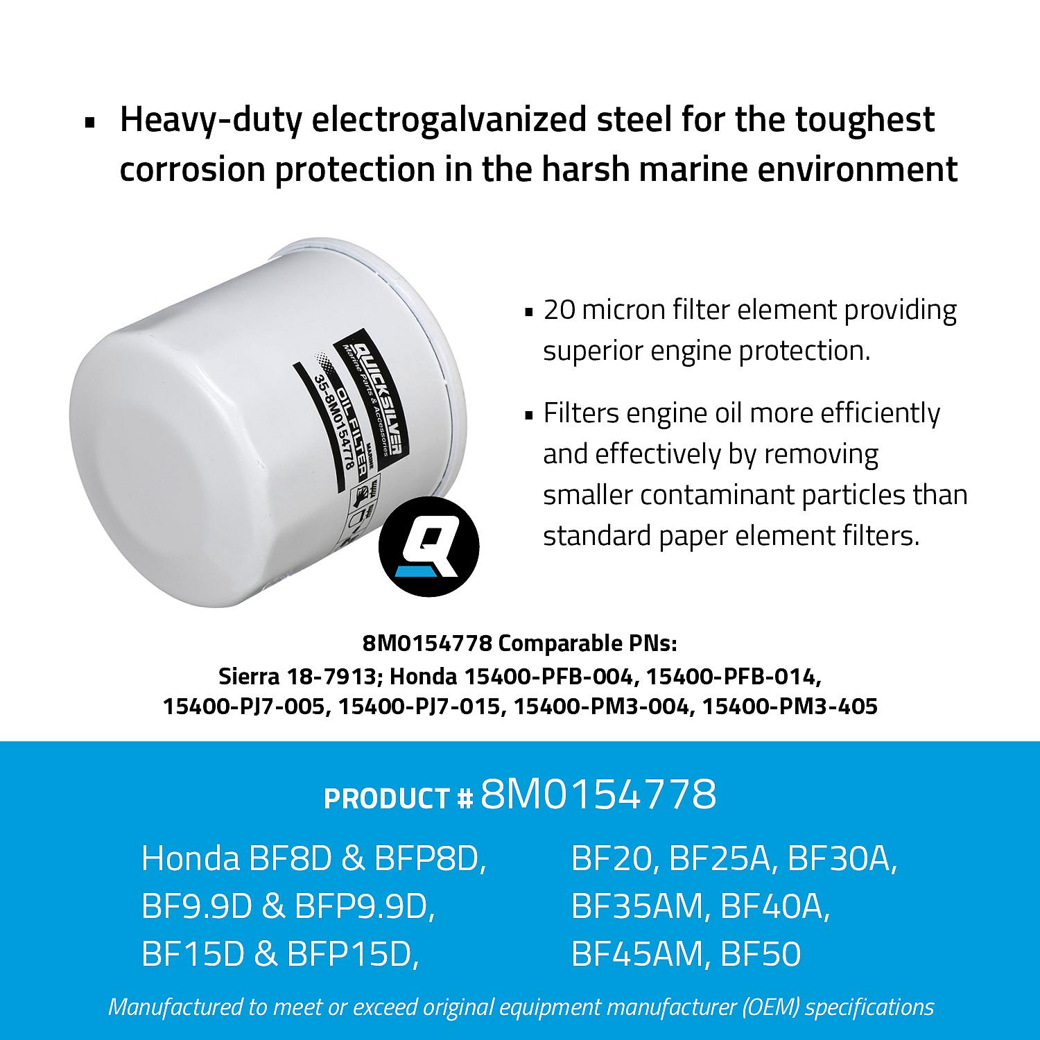 Quicksilver 8M0154778 20 micron oil filter for Honda BF8 to BF50 outboards facts