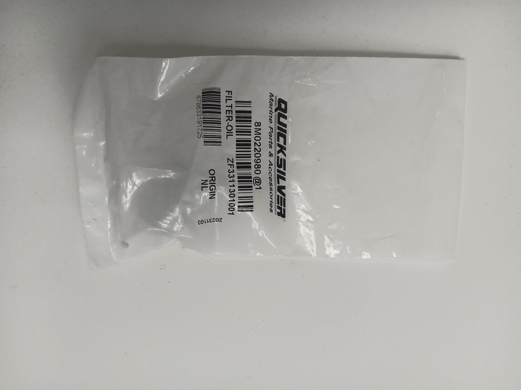 Mercury 8M0220980 OEM transmission oil filter for 45C and 45IV marine transmissions Bag Front