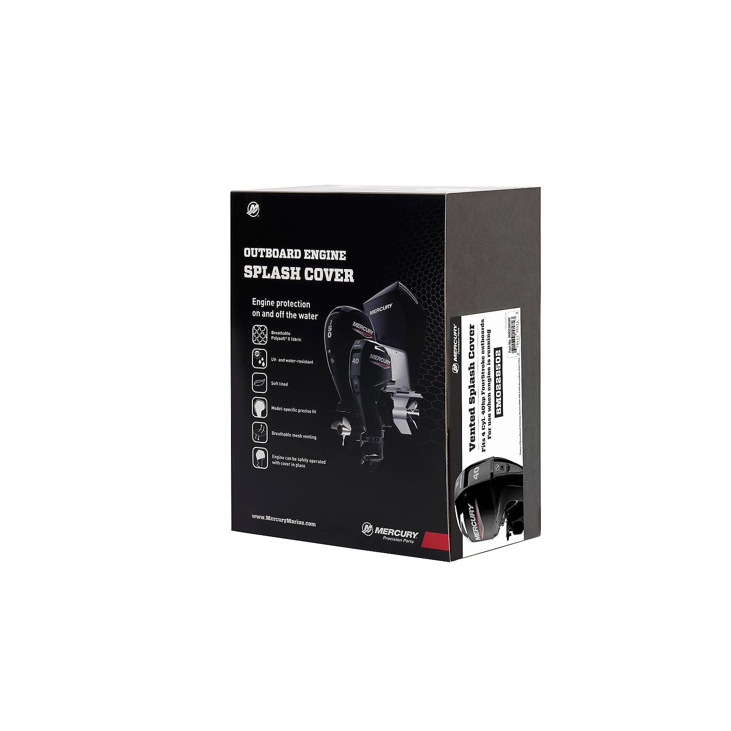 Mercury 8M0228502 black vented splash cover for 40hp 4-cylinder FourStroke outboard Box Angle