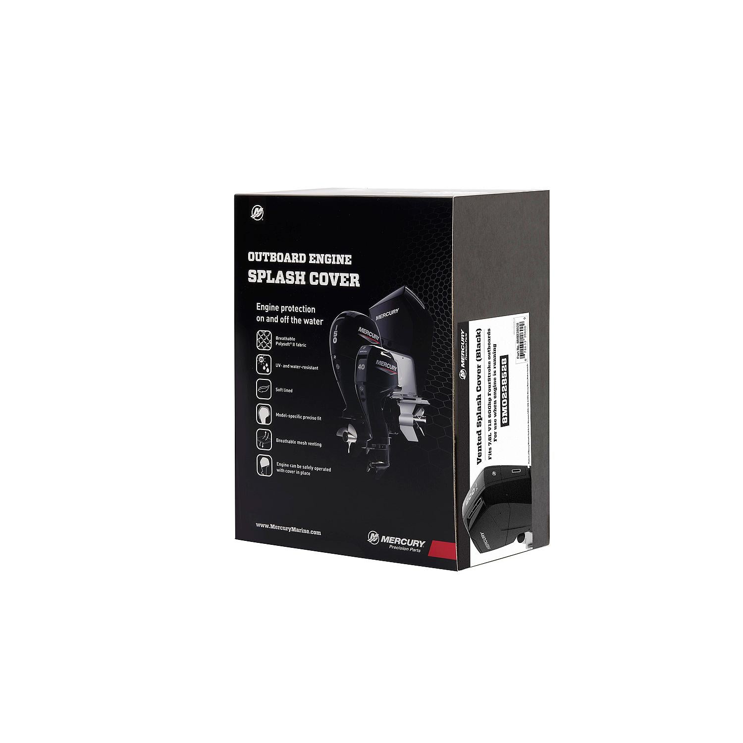 Mercury 8M0228528 black vented splash cover for 7.6L V12 600hp Verado outboard Box Angle
