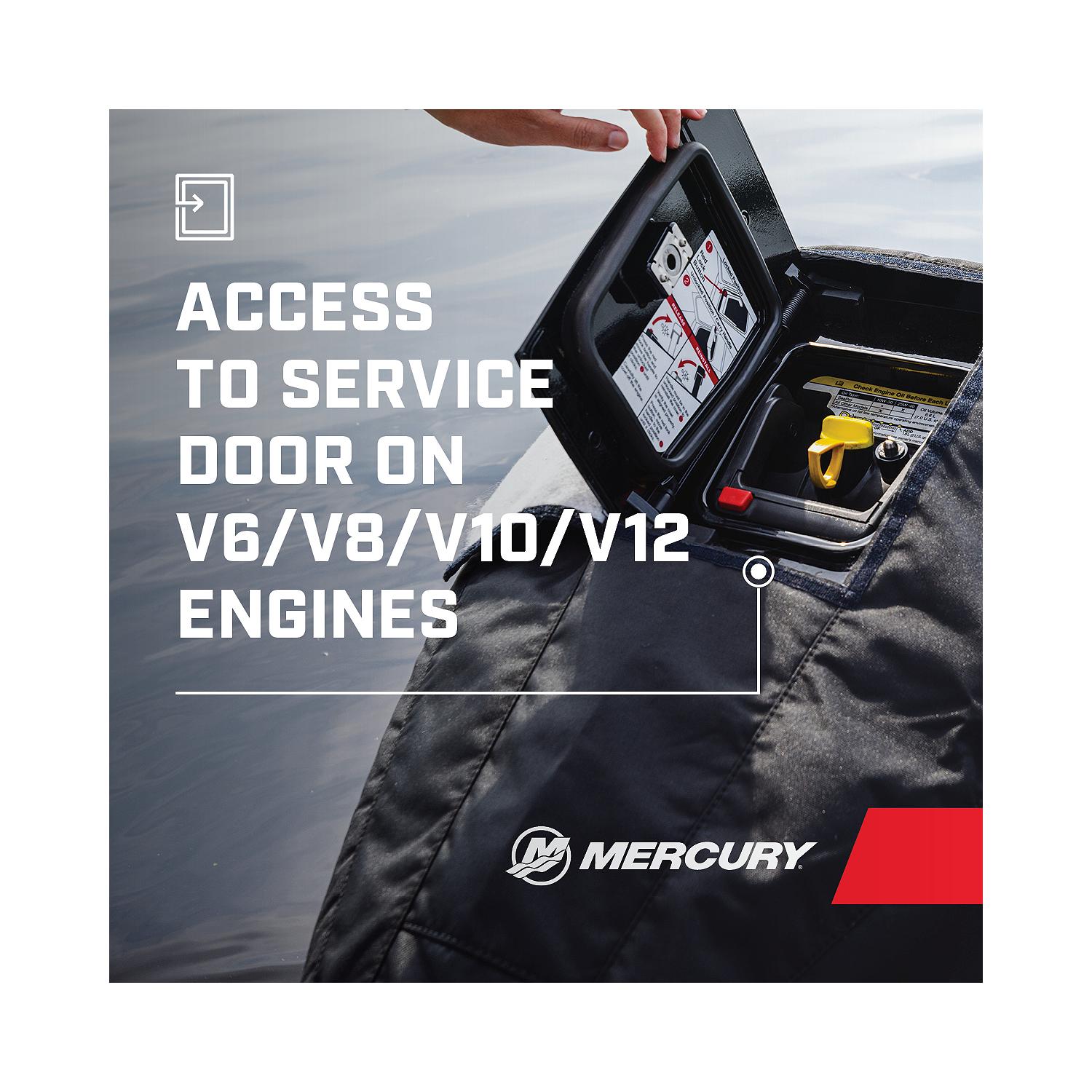 Mercury 8M0228528 black vented splash cover for 7.6L V12 600hp Verado outboard Access Door