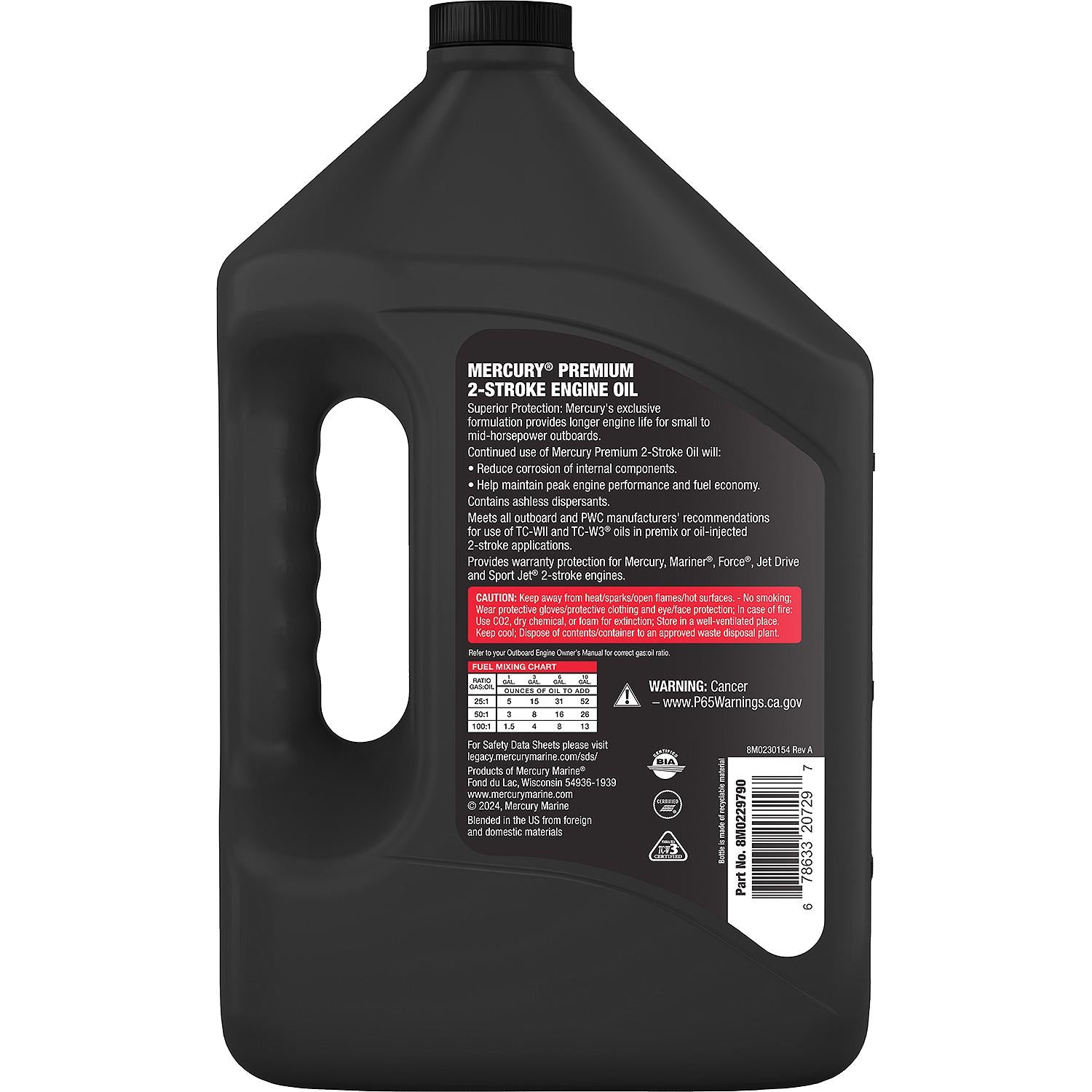 Black container of Mercury Premium 2-Stroke Engine Oil with label on a white background