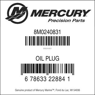 Mercury 8M0240831 oil fill cap plug assembly UPC label