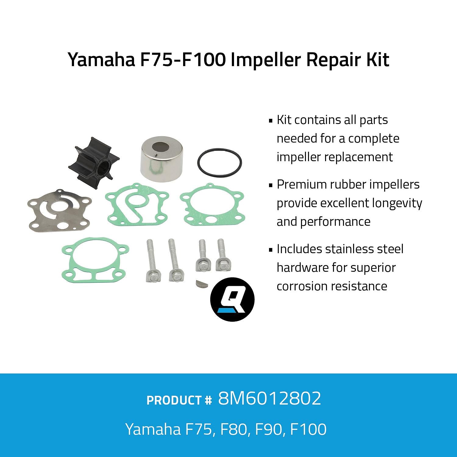 Quicksilver 8M6012802 impeller repair kit graphic for Yamaha F75 F80 F90 F100 outboards