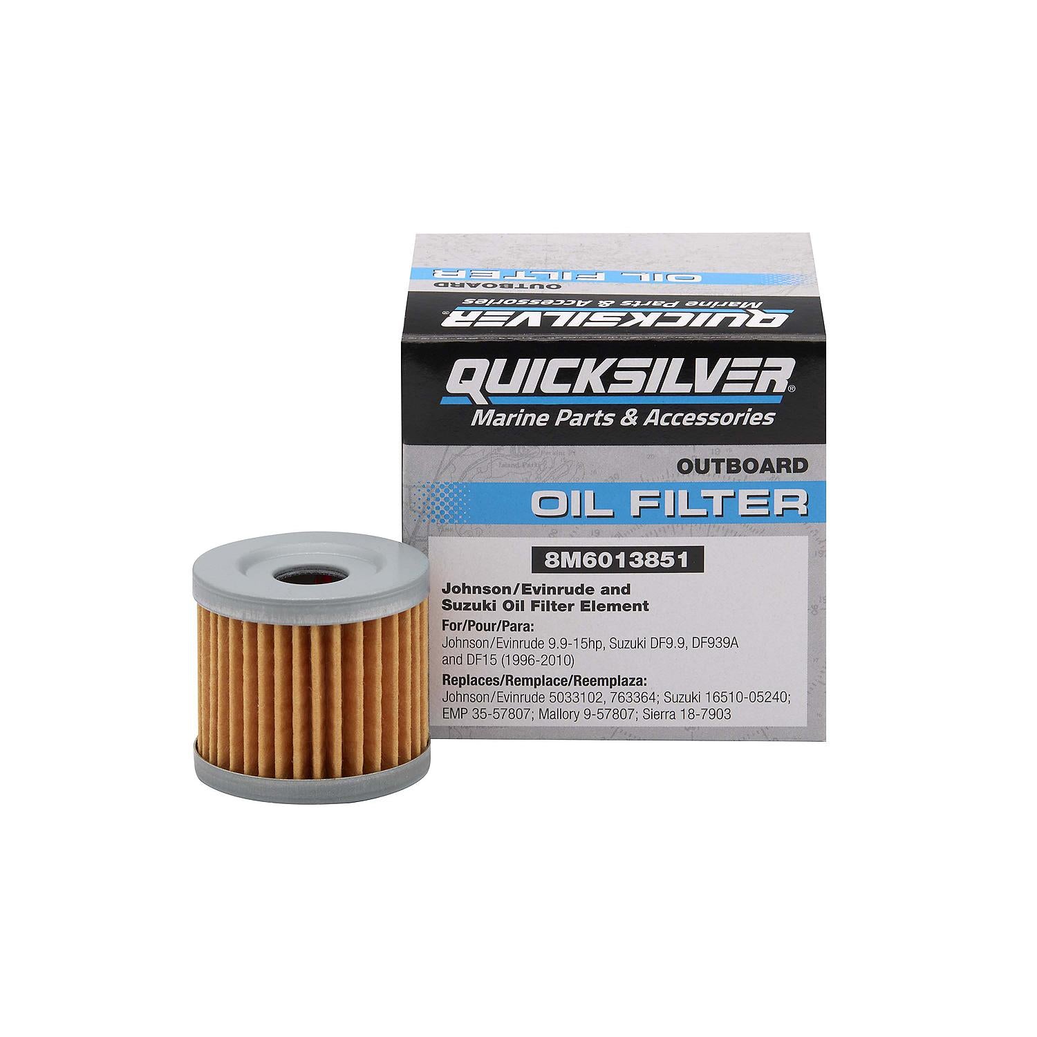 Quicksilver 8M6013851 oil filter for Johnson Evinrude and Suzuki 9.9-15HP outboards with box