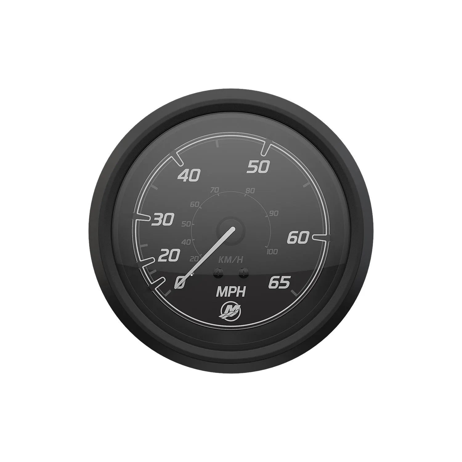 Mercury Sport Black/Black 65 MPH analog speedometer, front view