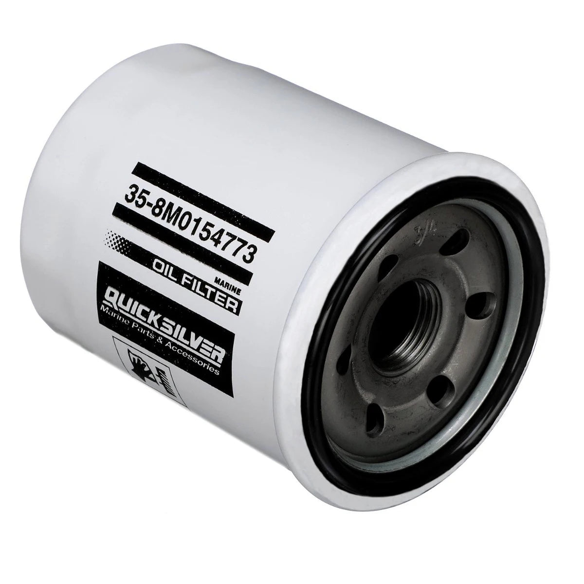 Quicksilver 8M0154773 marine oil filter replaces Suzuki Mallory and Sierra part numbers Angle