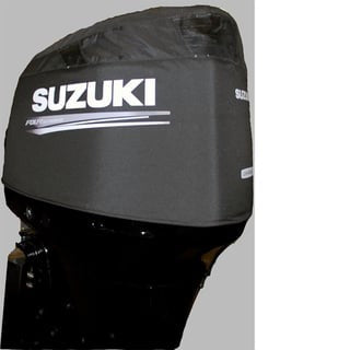 Black Suzuki outboard motor cover on a gray background