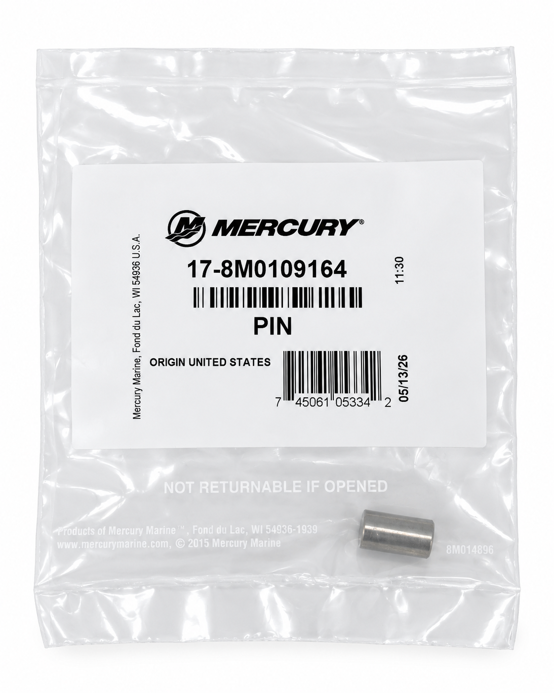Mercury 8M0109164 Pin, 3/8 in Diameter x 0.625 in pin with packaging 