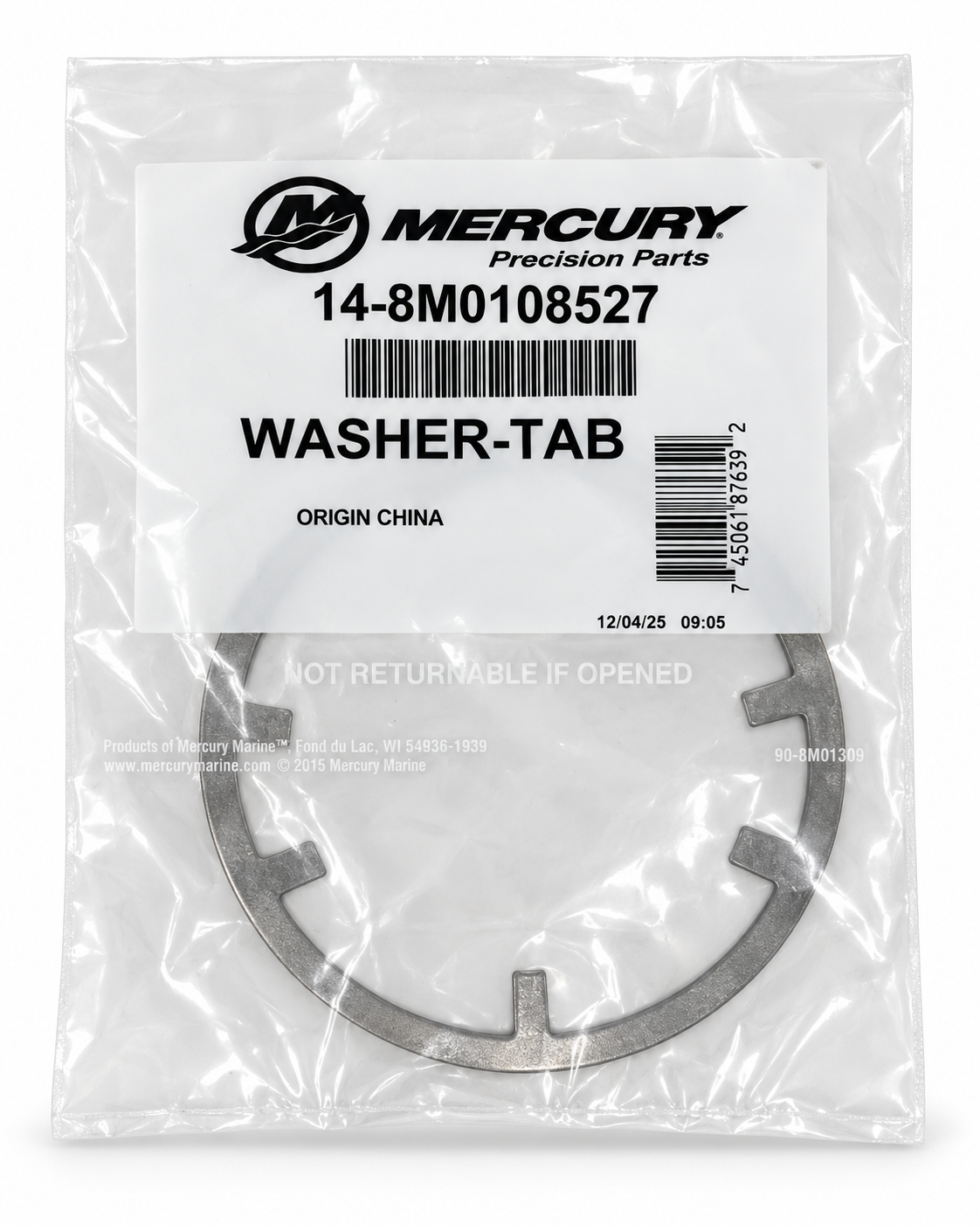 Mercury 8M0108527 Gearcase Tab Washer with packaging 
