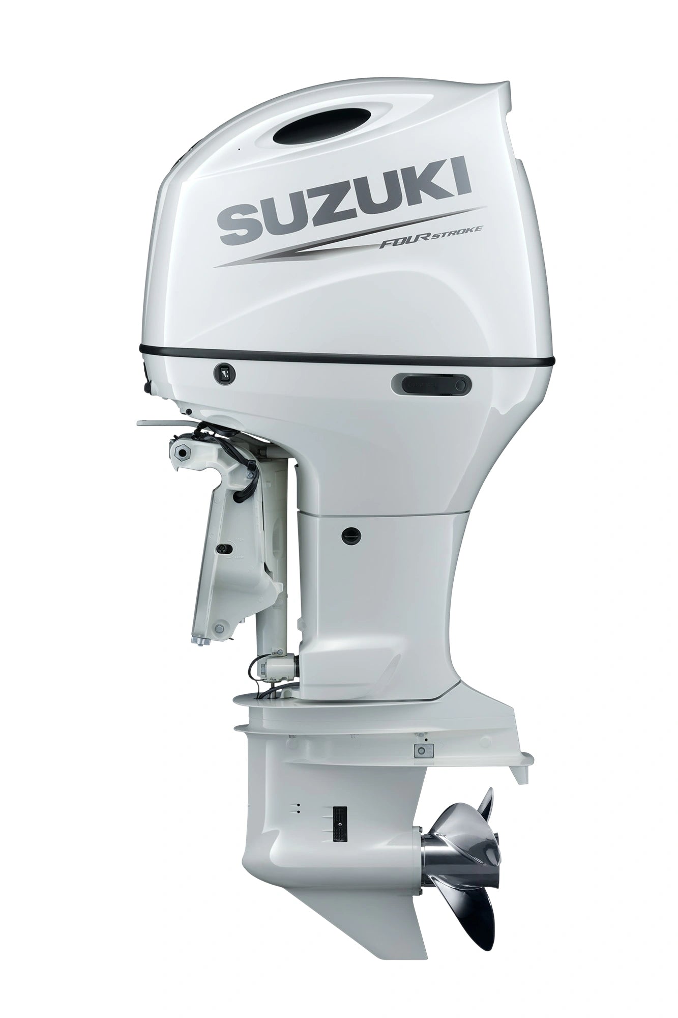 Suzuki DF150ATLW 150 horsepower white outboard motor 20 inch shaft 4 stroke inline 4 cylinder EFI Side