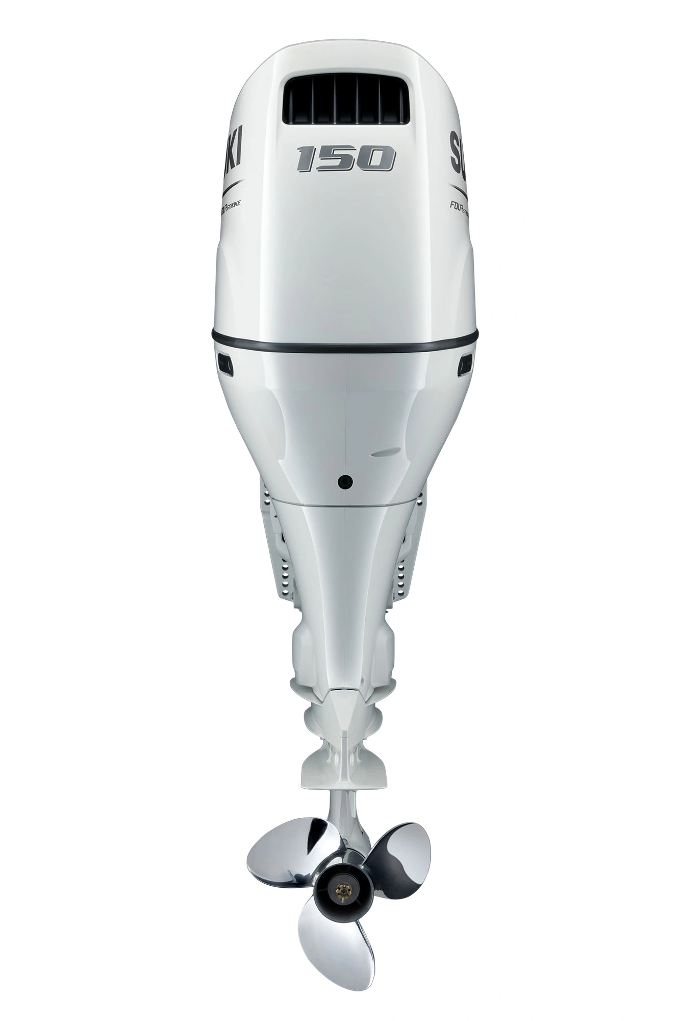 Suzuki DF150ATLW 150 horsepower white outboard motor 20 inch shaft 4 stroke inline 4 cylinder EFI Back