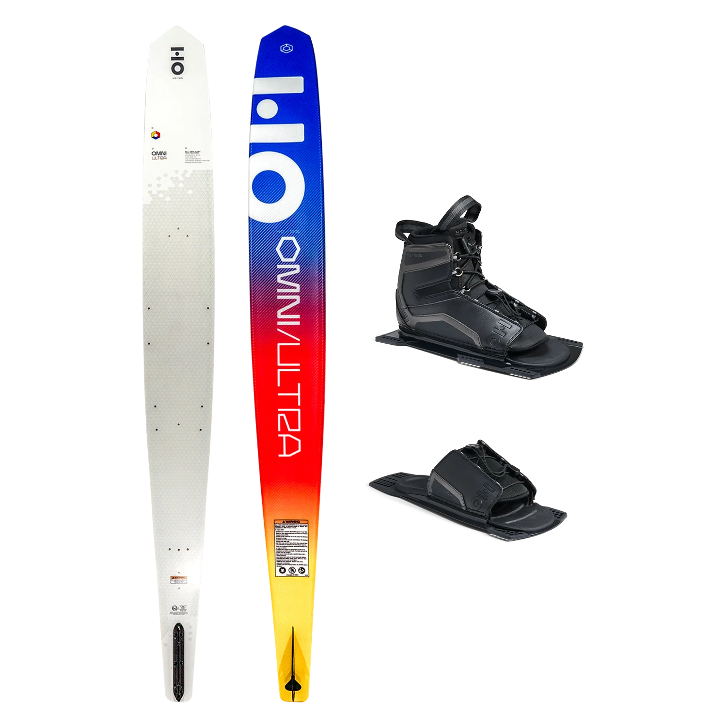 HO Sports 67 Omni Ultra White waterski package with Stance Black 10-15 ART rear toe plate