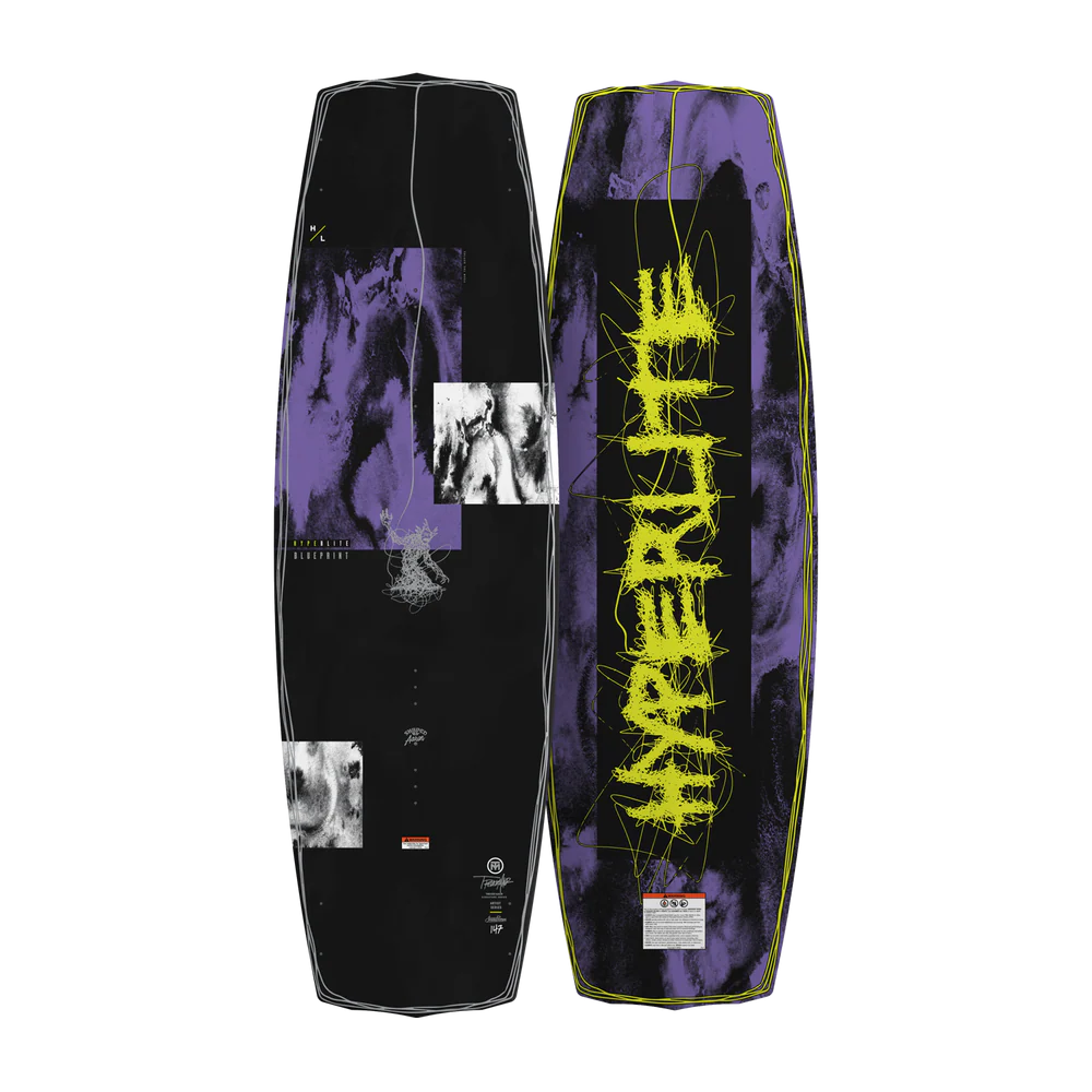 Hyperlite Blueprint Wakeboard Trever Maur board with Biolite 3 Core, continuous rocker, dual concave base, molded landing feature, and .7 fins
