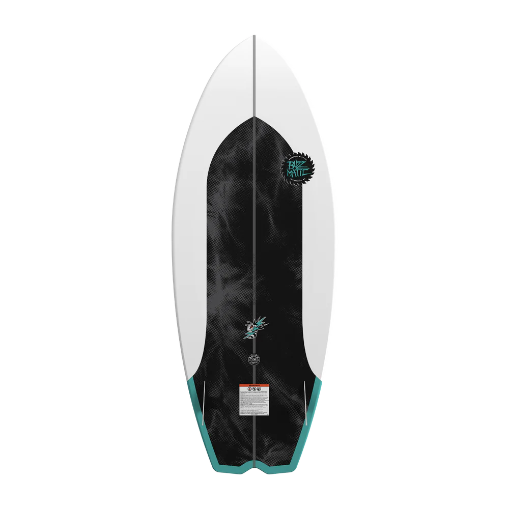 Hyperlite Buzzmatic Wakesurf Board with DuraShell construction, EPS core, single concave belly, swallow tail, EVA traction, and Torq fins base