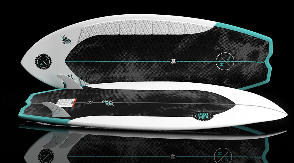 Hyperlite Buzzmatic Wakesurf Board with DuraShell construction, EPS core, single concave belly, swallow tail, EVA traction, and Torq fins detail