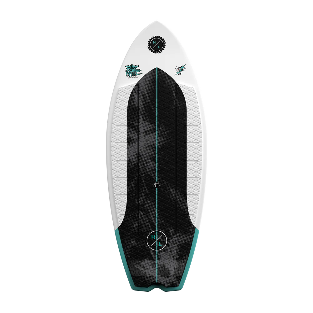 Hyperlite Buzzmatic Wakesurf Board with DuraShell construction, EPS core, single concave belly, swallow tail, EVA traction, and Torq fins top