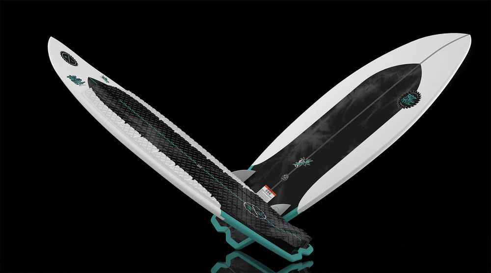 Hyperlite Buzzmatic Wakesurf Board with DuraShell construction, EPS core, single concave belly, swallow tail, EVA traction, and Torq fins graphic