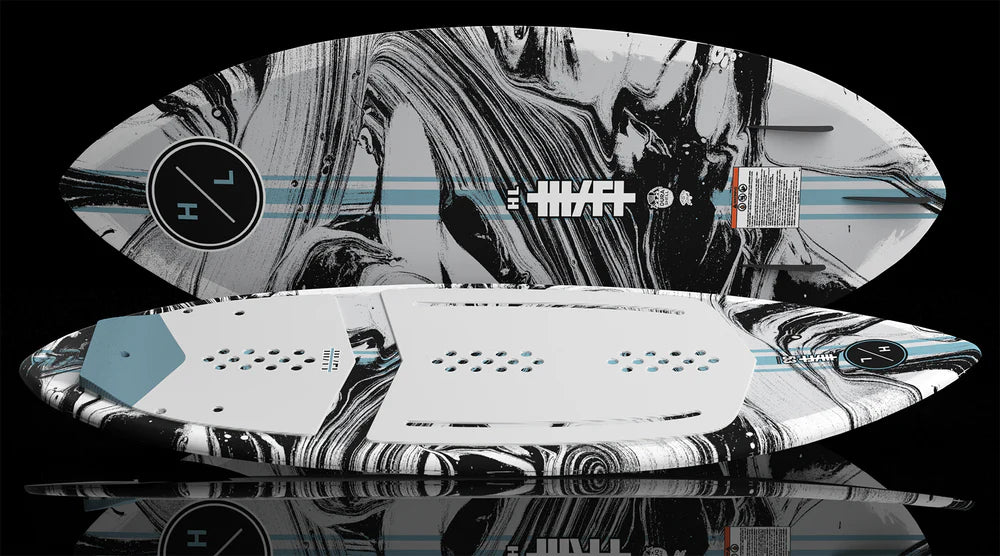 Hyperlite Hi-Fi Wakesurf Board with DuraShell construction, EPS core, flat tip and tail base, pin tail, EVA traction, and P-Wing fins detail