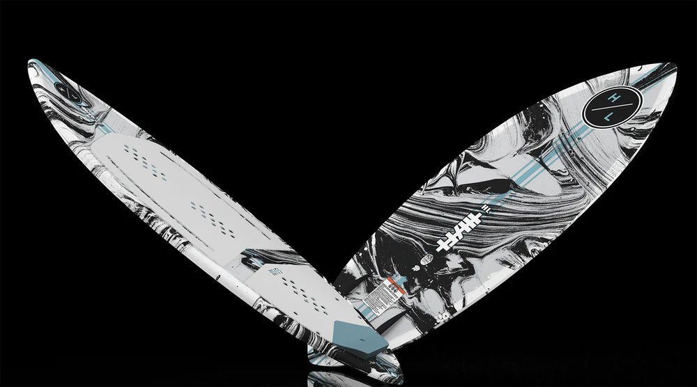Hyperlite Hi-Fi Wakesurf Board with DuraShell construction, EPS core, flat tip and tail base, pin tail, EVA traction, and P-Wing fins graphic