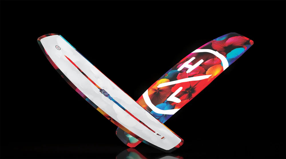 Hyperlite Murray Jr Girls Wakeboard kids board with Biolite 3 Core, Satin Flex, subtle 3-stage rocker, variable edge design, and P-Wing fins graphic