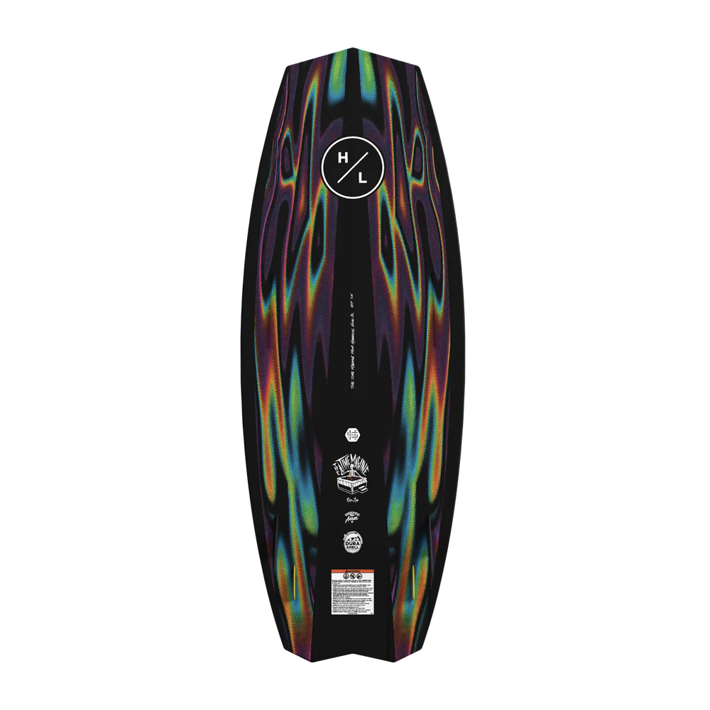 Hyperlite Time Machine Wakesurf Board with DuraShell construction, EPS core, dual concave base, diamond tail, EVA traction, Flux fins, and Drop fins base