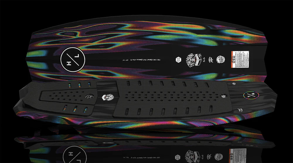 Hyperlite Time Machine Wakesurf Board with DuraShell construction, EPS core, dual concave base, diamond tail, EVA traction, Flux fins, and Drop fins detail