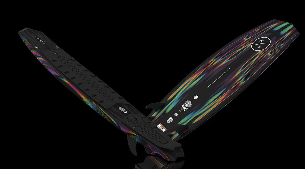 Hyperlite Time Machine Wakesurf Board with DuraShell construction, EPS core, dual concave base, diamond tail, EVA traction, Flux fins, and Drop fins graphic