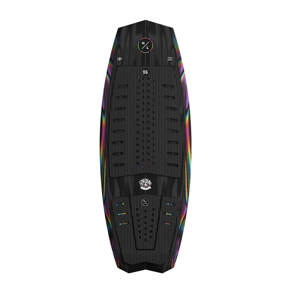 Hyperlite Time Machine Wakesurf Board with DuraShell construction, EPS core, dual concave base, diamond tail, EVA traction, Flux fins, and Drop fins top
