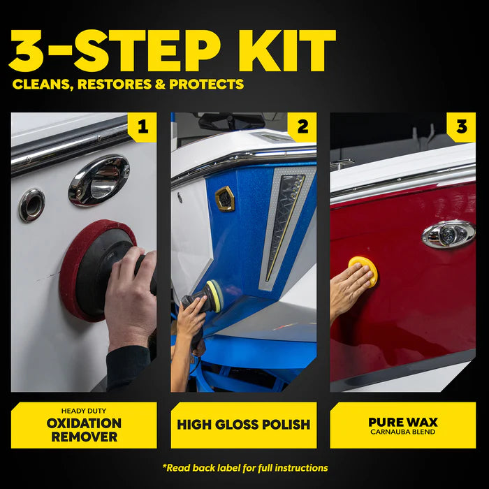 Meguiar's M4965 Marine/RV Fiberglass Restoration System featuring Oxidation Remover, High Gloss Polish, and Pure Wax 3 step kit