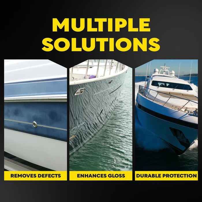 Meguiar's M4965 Marine/RV Fiberglass Restoration System featuring Oxidation Remover, High Gloss Polish, and Pure Wax multiple solutions