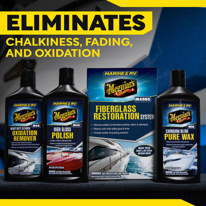 Meguiar's M4965 Marine/RV Fiberglass Restoration System featuring Oxidation Remover, High Gloss Polish, and Pure Wax eliminates oxidation