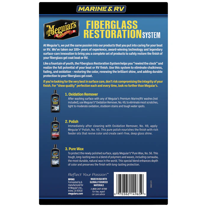 Meguiar's M4965 Marine/RV Fiberglass Restoration System featuring Oxidation Remover, High Gloss Polish, and Pure Wax box back