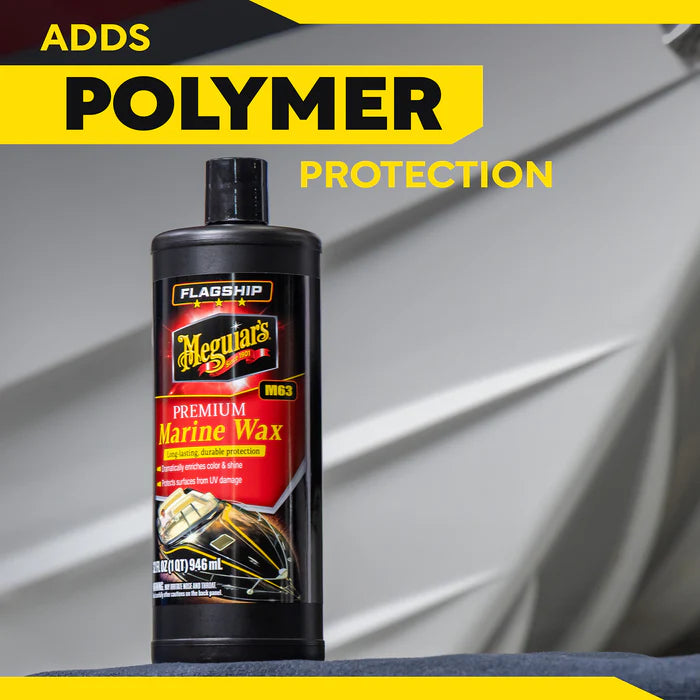 Meguiar's M6332 Flagship Premium Marine Wax 32oz bottle featuring high-gloss polymer protection for fiberglass and gel coats Polymer Protection