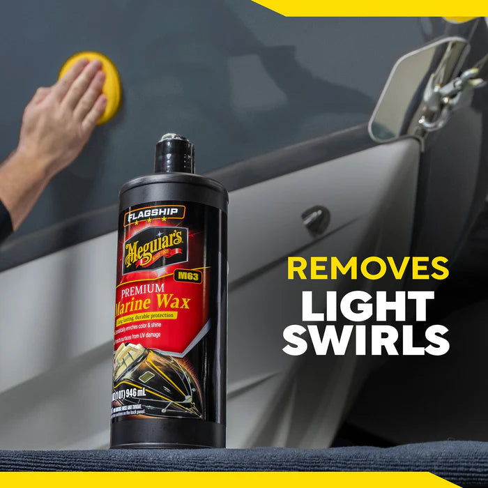 Meguiar's M6332 Flagship Premium Marine Wax 32oz bottle featuring high-gloss polymer protection for fiberglass and gel coats removed swirls