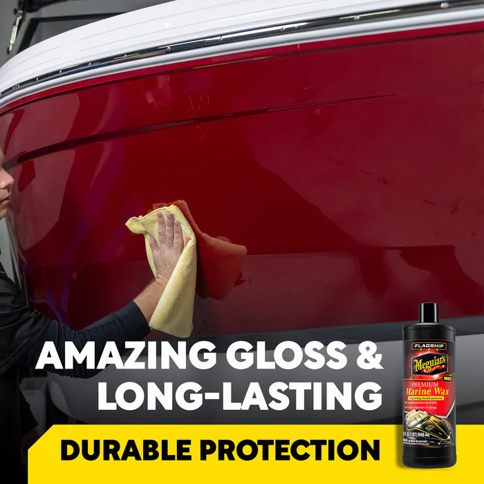 Meguiar's M6332 Flagship Premium Marine Wax 32oz bottle featuring high-gloss polymer protection for fiberglass and gel coats Long Lasting
