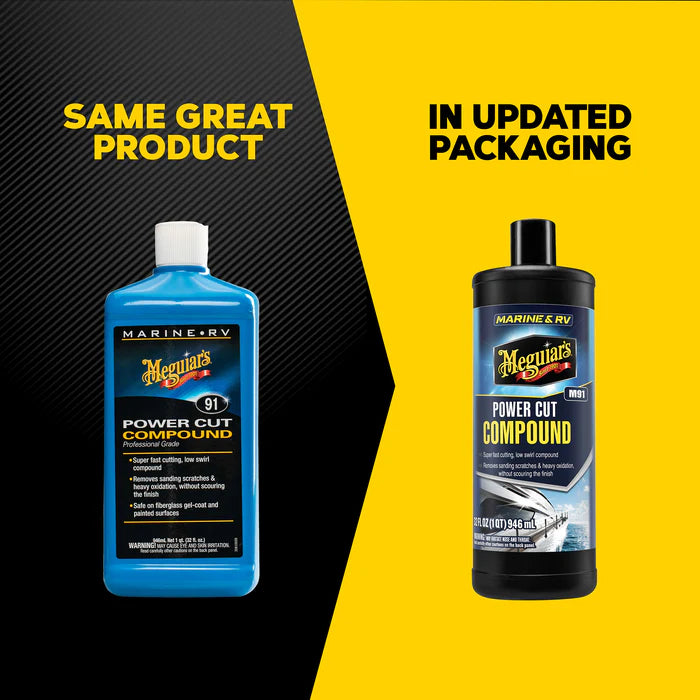 Meguiar's M9132 Professional Grade Power Compound 32oz bottle for removing heavy oxidation and sanding scratches from gel coats new packaging