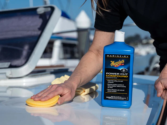 Meguiar's M9132 Professional Grade Power Compound 32oz bottle for removing heavy oxidation and sanding scratches from gel coats application with bottle