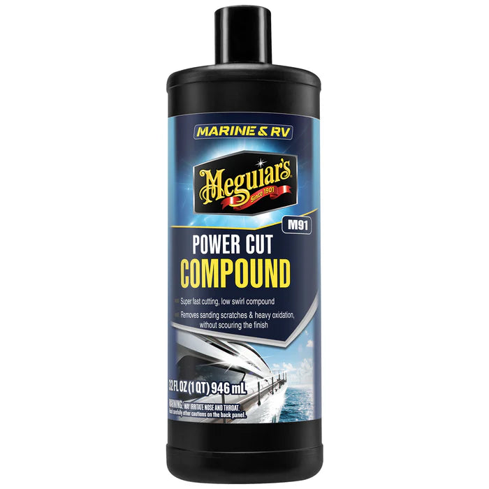 Meguiar's M9132 Professional Grade Power Compound 32oz bottle for removing heavy oxidation and sanding scratches from gel coats bottle front