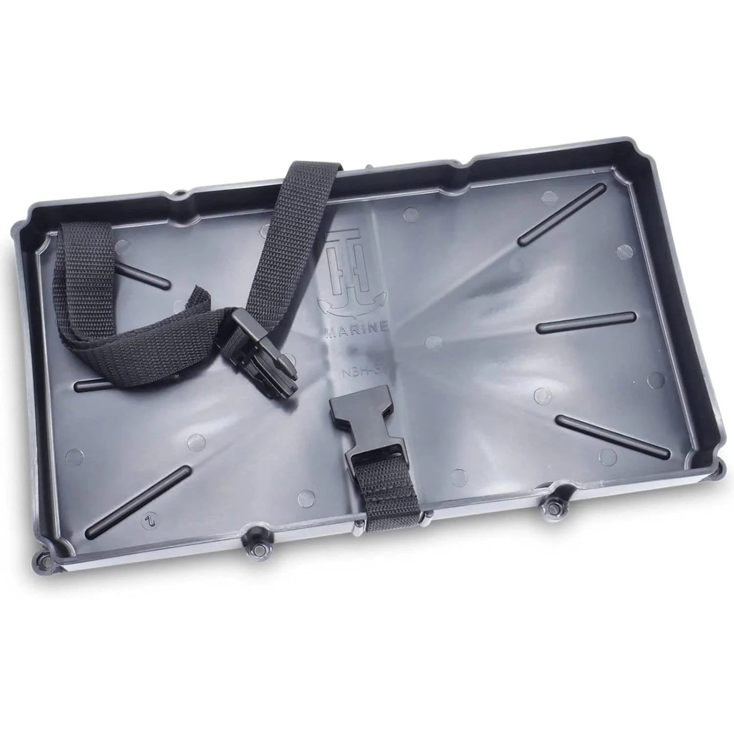 T-H Marine NBH-27P-DP narrow Series 27 marine battery holder tray with poly strap and recessed mounting wells