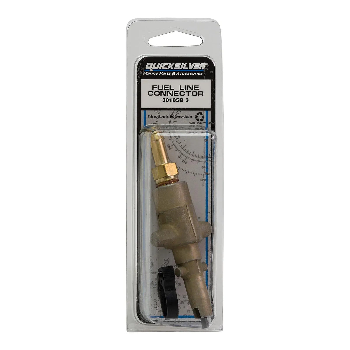 Quicksilver 30185Q3 fuel line connector in manufacturer packaging with hose clamp