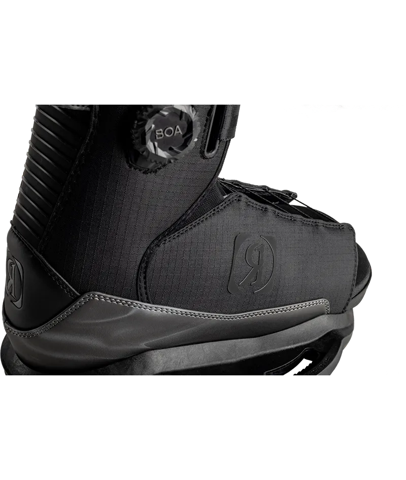 Ronix Anthem BOA Stage 2 open toe wakeboard boot in Techy Grey with Mainframe 2.0 chassis Closeup