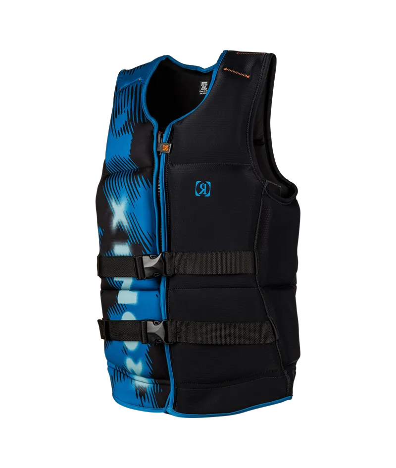 Ronix Atomik Capella 3.0 L70 US/CA CGA life vest in Black/Slate Blue with cylindrical wraparound fit Angle